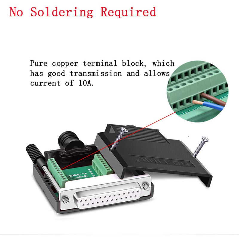 Jienk DB25 Solderless Female RS232 D-SUB Serial Adapters, 16mm thinner 25 Pin Port Terminal Solderfree Breakout Connector Board with Case Accessories