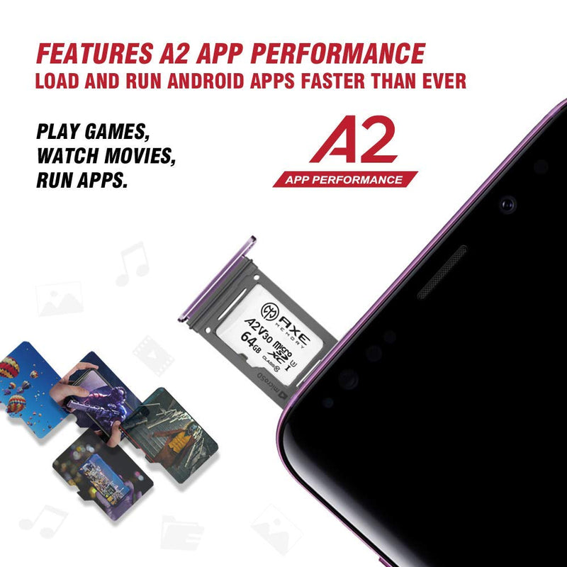 AXE MEMORY 64GB microSDXC Memory Card + SD Adapter with A2 App Performance, V30 UHS-I U3 4K White - A2 Premium Speed 64 GB