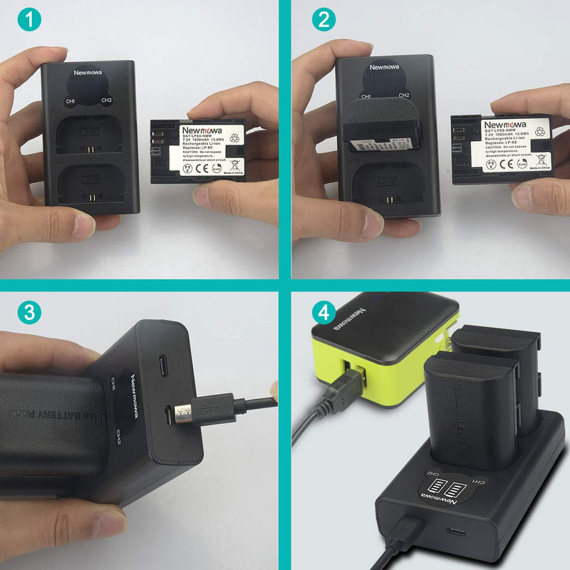 Newmowa LP-E6 LP-E6N Battery (2 Pack) and Smart LCD Display Dual USB Charger for Canon LP-E6 LP-E6N and Canon EOS 5D Mark IV,EOS 5D Mark III,EOS 5D Mark II,EOS 6D,EOS 7D,EOS 7D Mark II,EOS 60D,EOS 70D