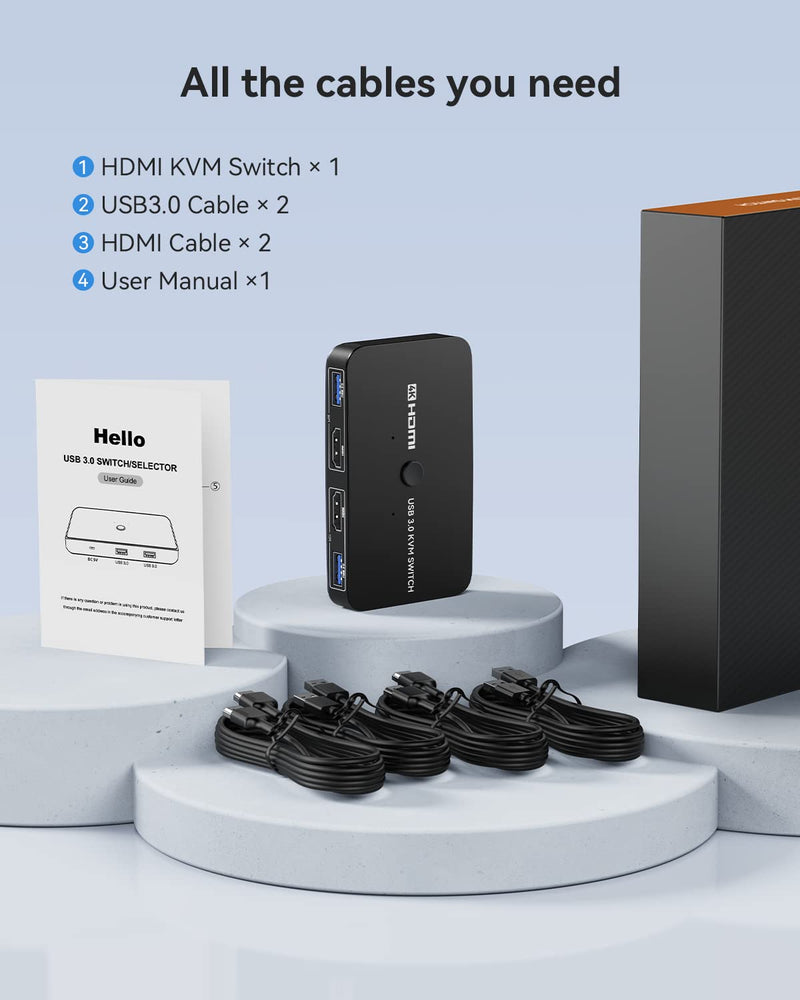 ABLEWE KVM Switch, Aluminum KVM Switch HDMI,USB Switch for 2 Computers Sharing Mouse Keyboard Printer to One HD Monitor, Support 4K@60Hz,2 HDMI Cables and 2 USB Cables Included(Black) Black