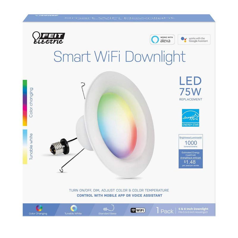 Feit Electric LEDR6/RGBW/AG 75 Watt Equivalent 12.3W WiFi Color Changing and Tunable White, Dimmable, No Hub Required, Alexa or Google Assistant RGBW Multicolor LED Smart Downlight, 75W, Recessed Kit 6" Recessed Multi-color Rgbw
