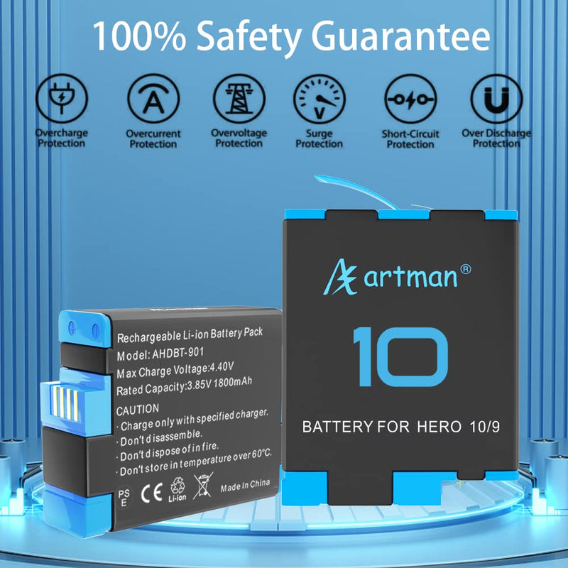 Artman Hero 10/9 Battery 3-Pack and 3-Channel Hero 10 Battery Charger for GoPro Hero 9/10 Black,Compatible with GoPro Hero 9 Battery and Charger