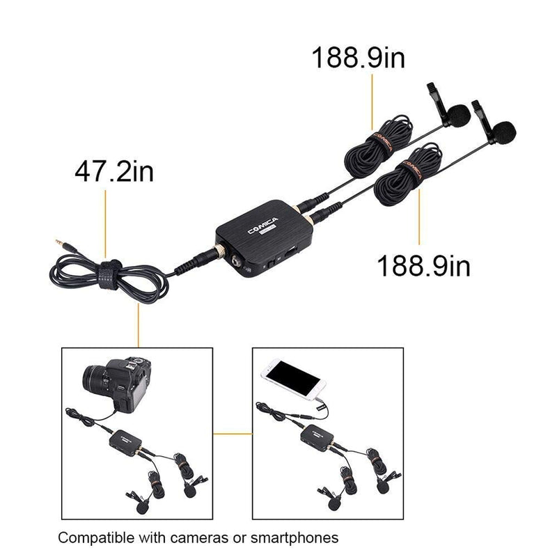 [AUSTRALIA] - Comica CVM-D03 Dual Lavalier Lapel Microphone with Mono/Stereo Sound, Volume Adjustment, Real-time Monitoring, Portable Clip-on mic for Video Recording, Interview,Cameras,Computer &Smartphone 