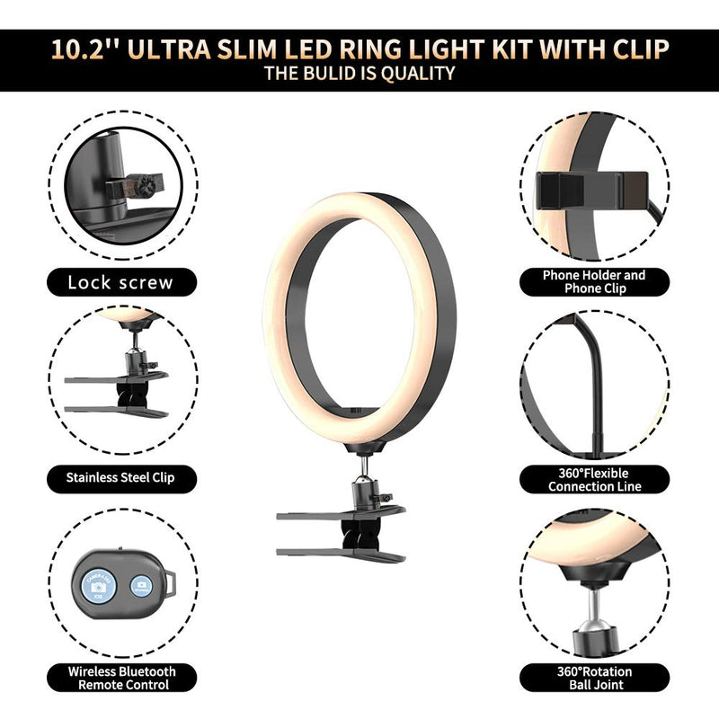 Desktop Ring Light 10.2'' with Clamp Mount,Selfie Tabletop Ringlighting for Desk Zoom Meeting,Webcam,Computer Monitor,Video Conferencing and Laptop Clip,Makeup Ringlight with Phone Stand Holder