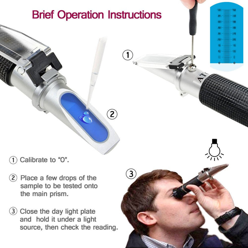 Alcohol Refractometer for Spirit Alcohol Volume Percent Measurement with Automatic Temperature Compensation (ATC), Range 0-80% v/v.
