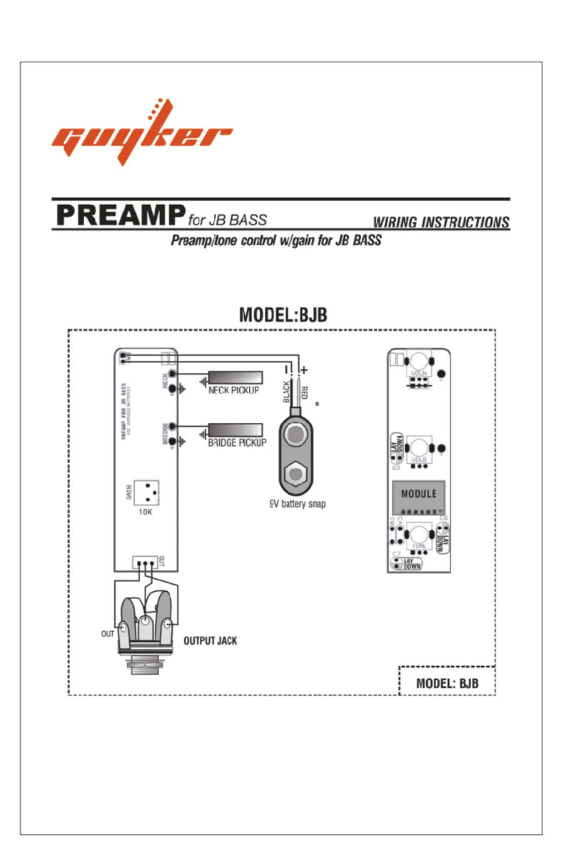 Guyker BJB Preamp/Tone Control with Gain for JB Bass (With Jazz Bass Control Plate and Control Knobs)