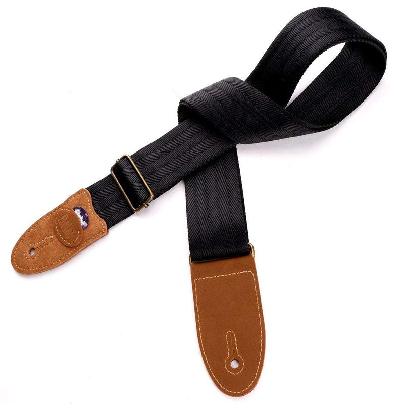 Guitar Strap for Acoustic, Electric and Bass Guitars, Straps Fits also Mandolins and Ukuleles by Hola! Music, Pro Series with Genuine Leather Ends, Pick Pocket, 3 Picks and 2 Strap Locks - Black