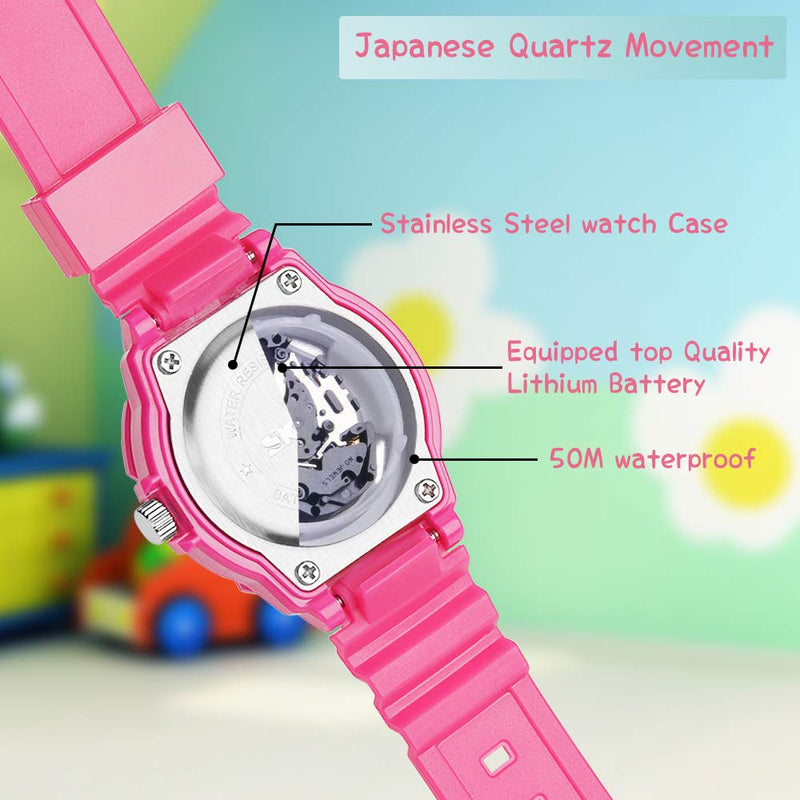 Kids Watches for Girls Ages 5-7 PU Band Watch Childrens Analog Wrist Watch with Protective Box for Girls Boys Pink