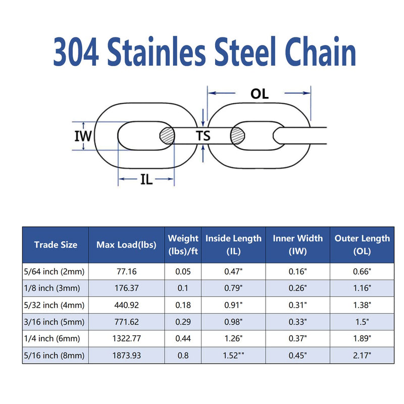 JENSWILL 1/8 inch (3mm) -6.5ft(Length) Stainless Steel 304 Chain,Metal Chain Utility Chain Heavy Duty Chain for Guardrail, Swing, Lifting, Trailer,Pet,Hanging Clothes with 2 Shackles 1/8 inch (3mm) Length-6.5ft(2m)