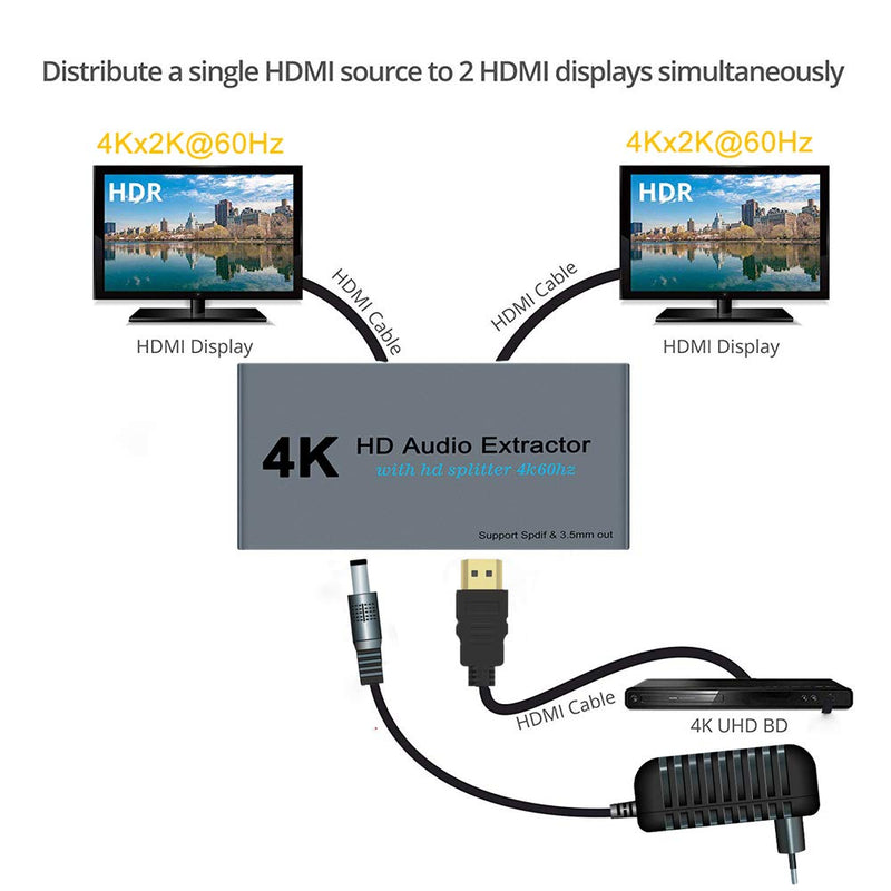 4K HDMI Splitter 1 in 2 Out HDMI to Optical HDMI Switcher Support 4K 3D HD 1080P 3.5mm Stereo Audio Converter Adapter