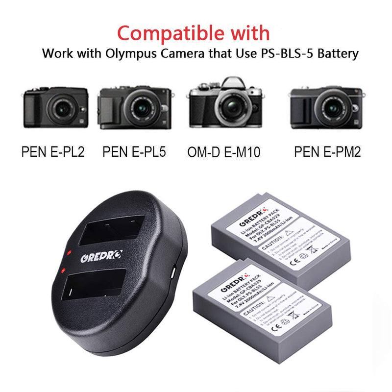 Grepro PS-BLS-5 BLS5 BLS50 Rapid Dual USB Camera Battery Charger Set with 2 Pack Replacement Battery for Olympus BLS-5, BLS-50, PS-BLS5, OM-D E-M10, Pen E-PL2, E-PL5, E-PL6, E-PL7, E-PM2, Stylus 1