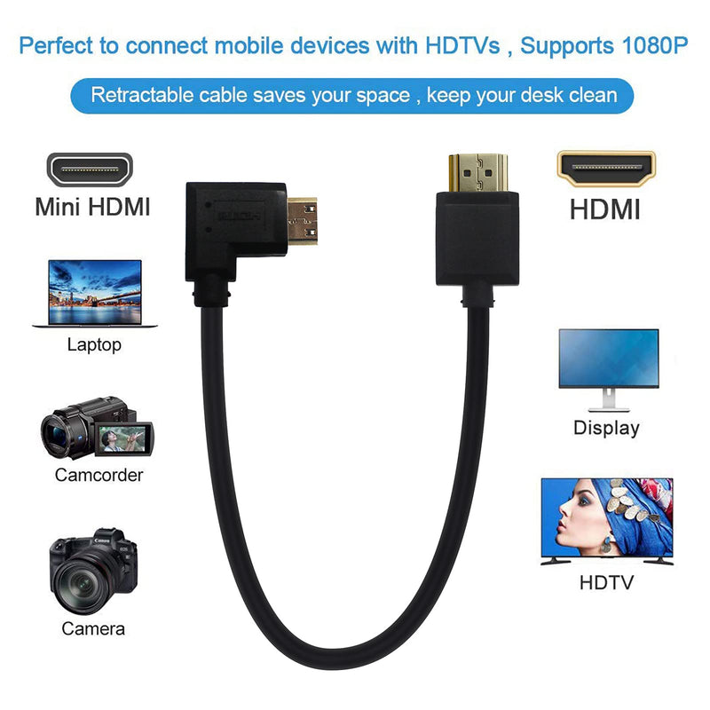 LOKEKE 4K Mini HDMI to HDMI 2.0 Cable Cord, Standard HDMI Male to 90 Degree Right Angle Mini HDMI Male Cable Adapter 4K*2K@60Hz Ethernet 3D Audio Return(0.15M, Right Angle) 0.49FT