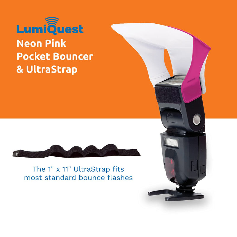 LumiQuest Flash Pocket Bouncer,  Flash Diffuser with UltraStrap, Universal Classic Design for External Camera Flashes, Photography Lighting, Light for Pictures, Studio Lights, Neon Pink