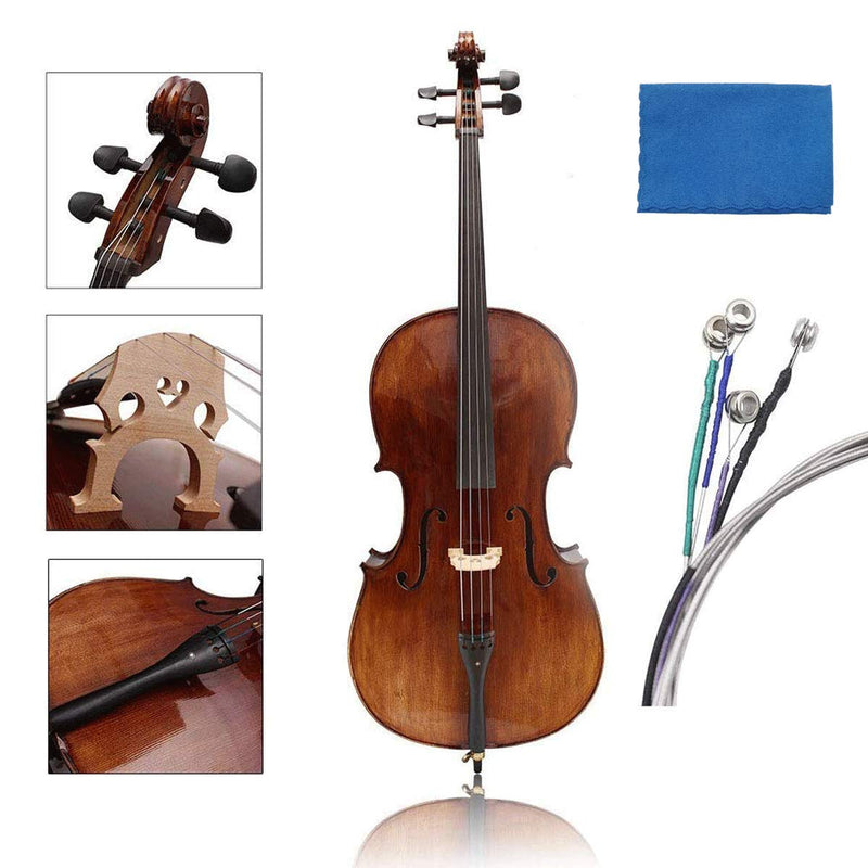 Cello Strings 1 Full Set A-D-G-C Steel Core Aluminum Magnesium Wound for Size 3/4 4/4 with 1 Piece Cleaning Cloth for Musical Instrument