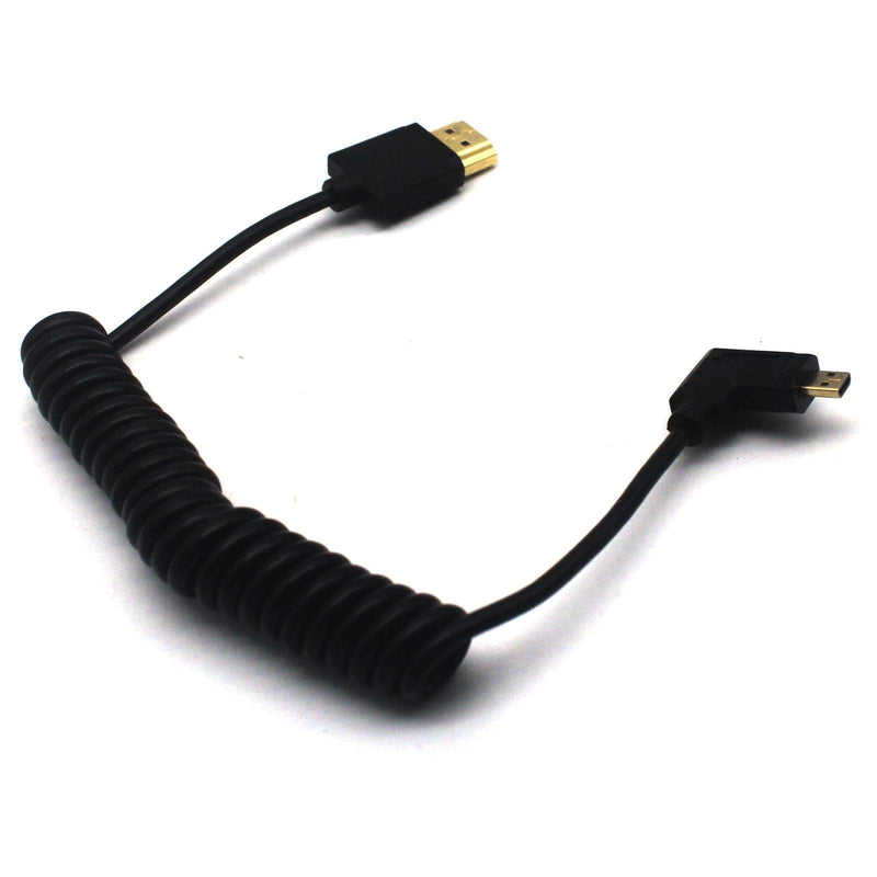 MOTONG Standard 4K HDMI 2.0 to Micro HDMI Cable, Coiled Micro HDMI Male 90 Degree Right Angle to HDMI 2.0 Male Cable Cord 4K@60Hz(1.2M, M to M Right Angle) 1.2M