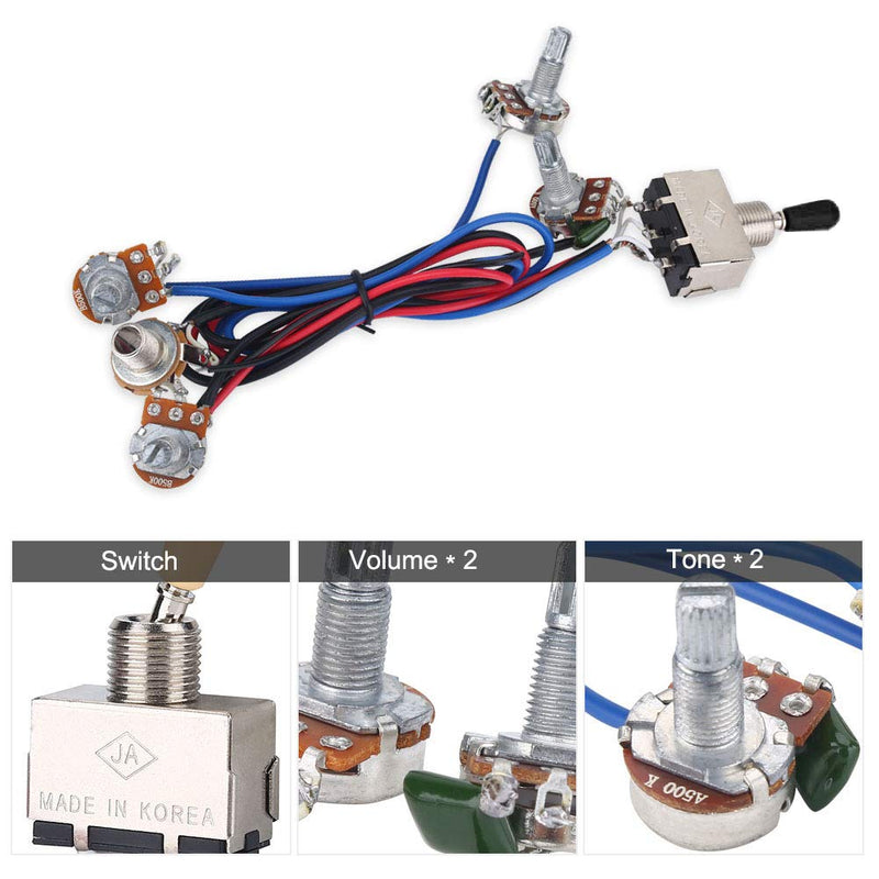 Wiring Kit, 3 Way A500K Wiring Harness Prewired Guitar Wiring Hareness for Electric Guitar Bass Repair Replacement