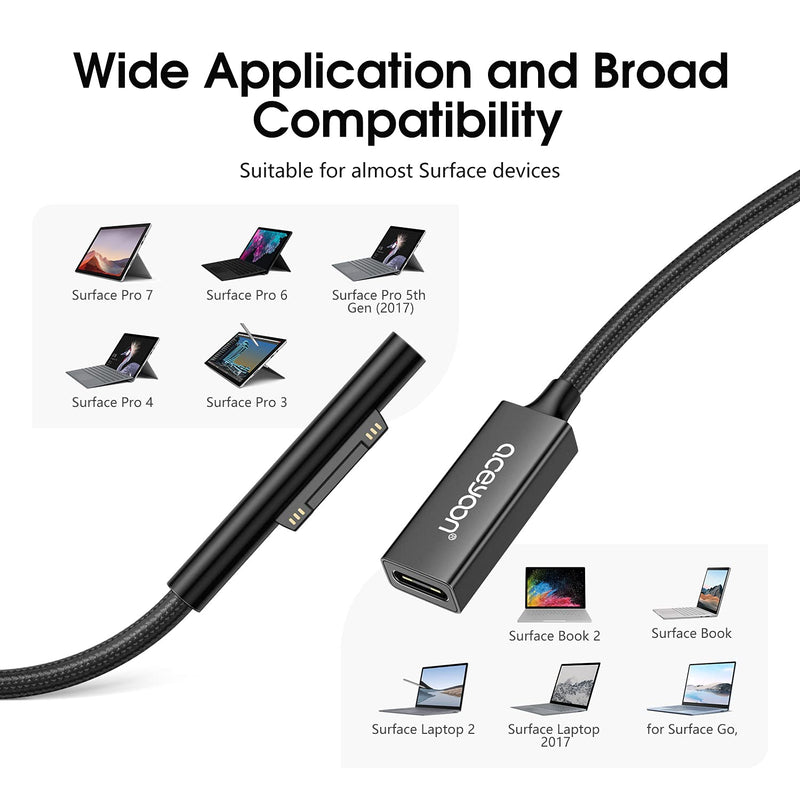 aceyoon Surface Connect to USB C PD Charging Cable 20cm Braided Work with 15V 3A 45W Type C PD Adapter Compatible for Microsoft Surface Pro7 Go2 Pro6 5/4/3, for Surface Laptop1/2/3, for Surface Book