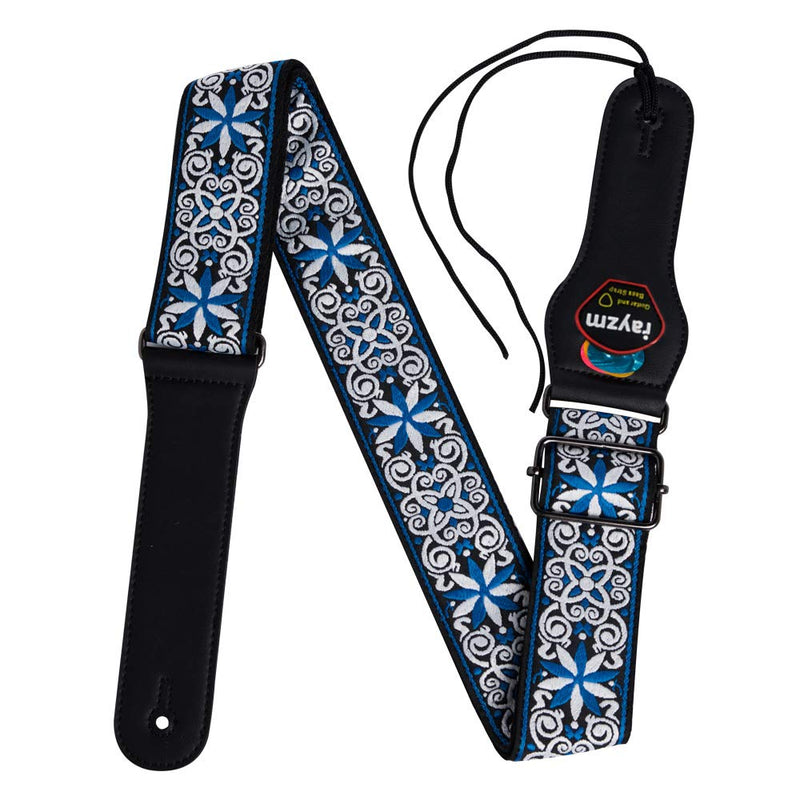 Rayzm Embroidery Guitar Strap, Jacquard Weave Cotton Strap for Acoustic/Electric/Bass Guitar with Plectrum Picks Pocket, Metal Buckle, 5cm Wide, Adjustable Length