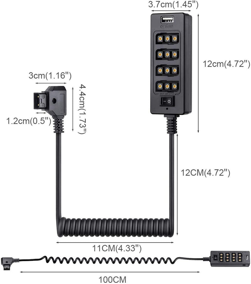 AConnect D-Tap Male to 4-Port D-Tap Female Coiled Splitter Cable for V-Mount Battery with Switch Button/USB Port/8V 12V DC Port for Photography Power Multifunctional