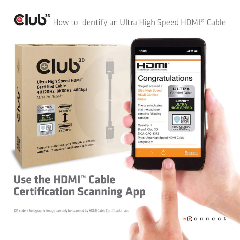 Club3D CAC-1372 Ultra Speed HDMI Certified Cable 4K 120Hz 8K 60Hz 2 Meter/6,56 Feet Black, Male-Male 2m/6.56ft