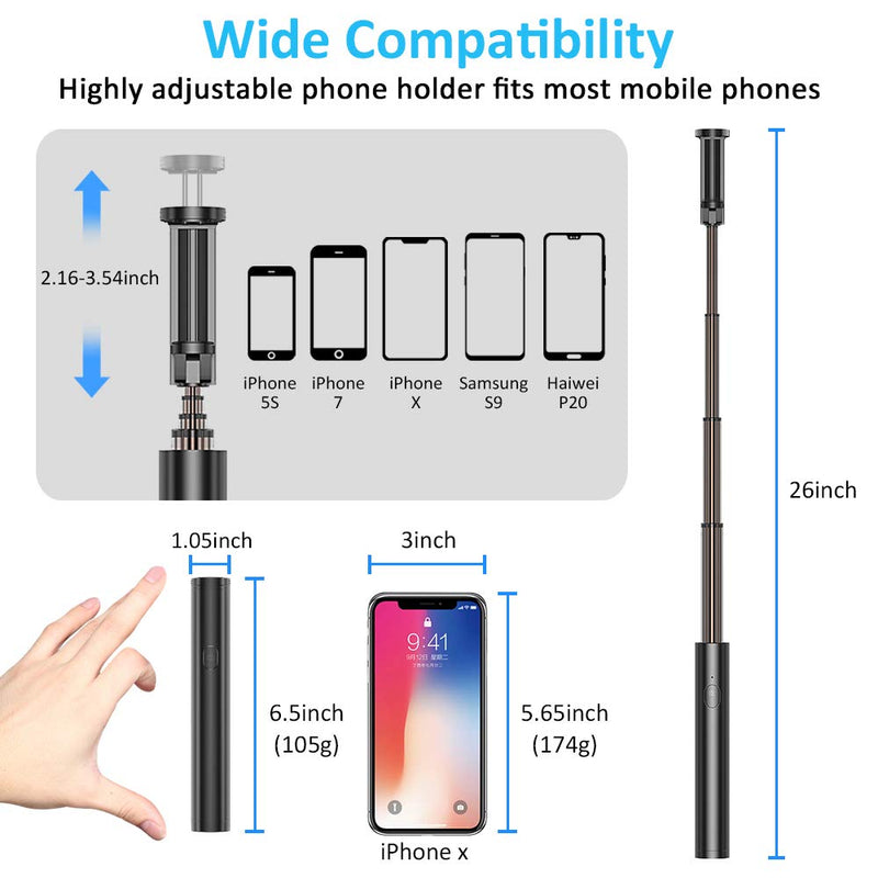 Vproof Selfie Stick Bluetooth, Lightweight Aluminum All in One Extendable Selfie Sticks Compact Design, Compatible with iPhone 12 Pro Max/12 Pro/12/11 Pro Max/11 Pro/11/XS Max, Galaxy S20, More