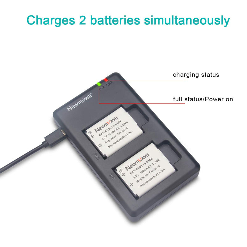 Newmowa EN-EL19 Battery(2-Pack) and Dual USB Charger Kit for Nikon Coolpix S32, S33,S100, S2800, S3100, S3200, S3300, S3500, S3600, S3700, S4100, S4200, S4300, S5200, S5300, S6500, S6800, S7000