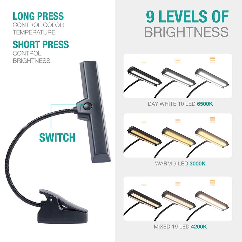 [AUSTRALIA] - Professional Musician 3000K-6000K Super Bright 19 LED Music Stand Light, Clip On Orchestra Piano Lights, 9 Levels Dimmable Rechargeable. Perfect for Piano, Orchestra, Craft. USB Cord Incl. Black 