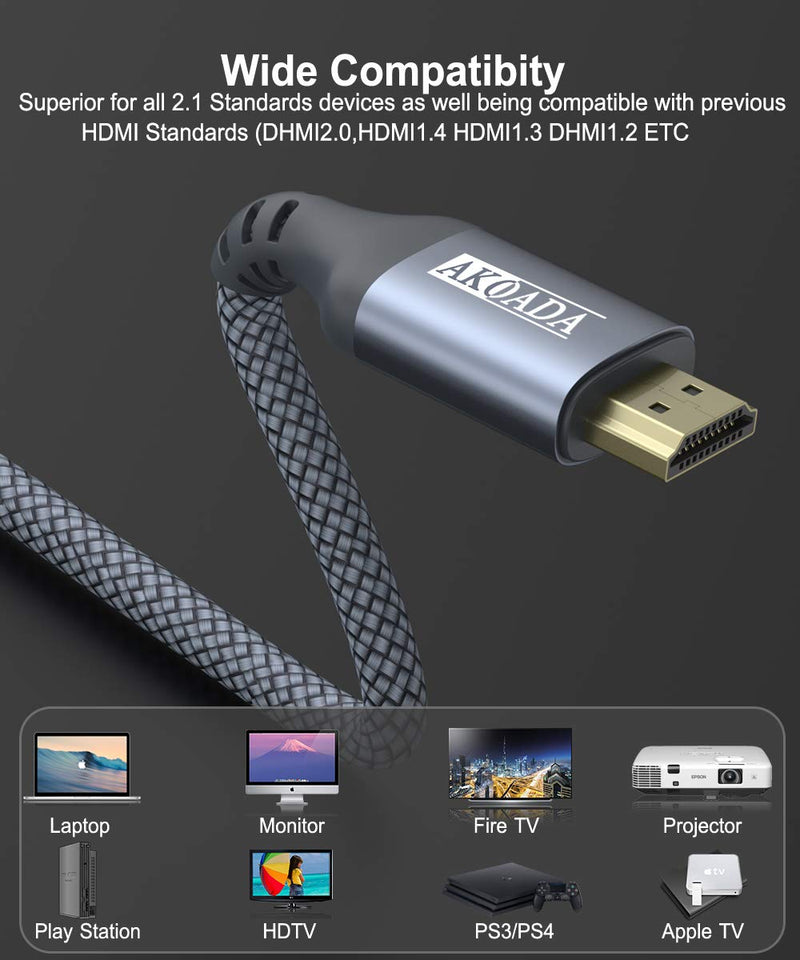 8K HDMI Cable 6.6 FT, AkoaDa 48Gbps Ultra High Speed HDMI 2.1 Cable 8K60 4K120 144Hz 7680P eARC HDR 10 HDCP 2.2 & 2.3,Compatible with Dolby Vision，Xbox One Series X，PS4，PS5，Apple TV ，Switch，Vizio，Sony 6.6ft Grey