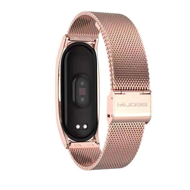 1 Mi Band 5 Strap Metal + 2 Mi Band 5 Screen Protector, 16mm Replacement Band Strap for Xiaomi Mi Band 5 Global Version Smart Bracelet (Rose Gold)