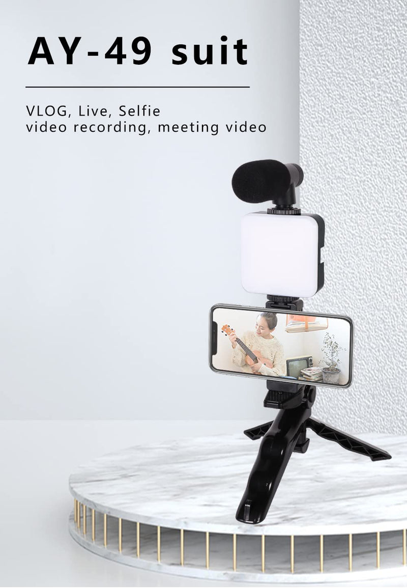 Samadex Video Microphone Vlogging Kit- Portable Studio Video Recording Microphone with Foldable mic Stand and Selfie Stick, Smartphone Camera Video Recording with 3 Brightness Level LED Light vlog