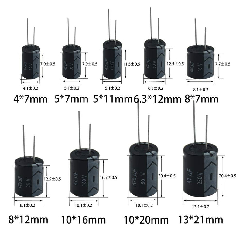 Electrolytic Capacitor 4.7uF 47uF 470uF 10V 16V 25V 50V 63V 100V 160V 200V 250V 400V 450V Capacitors Kit 18Value 270Pcs for Repair Household Appliances Communication Equipment Electronic Toy