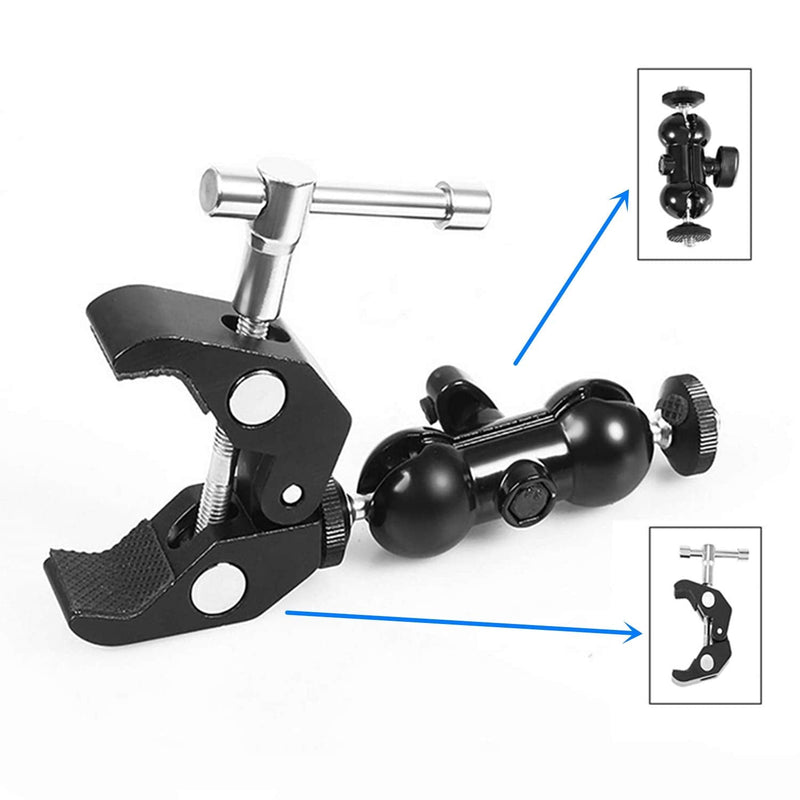 WANBY Double Ballhead Magic Arm Camera Clamp Mount Monitor Mount Bracket with Super Clamp with 1/4" and 3/8" Thread for DSLR Camera Rig, LCD Monitor, LED Flash Lights