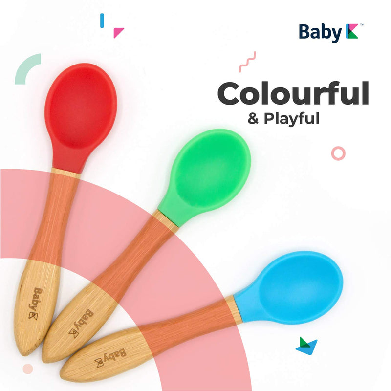 BABY K Self Feeding Bamboo Baby Spoons (Red,Blue & Green) - Baby Led Weaning Spoon for First Stage Infant - PVC Free Soft Silicone Tip - Gum Friendly Training - Perfect Size for First Time Eaters Red Blue Green Bundle