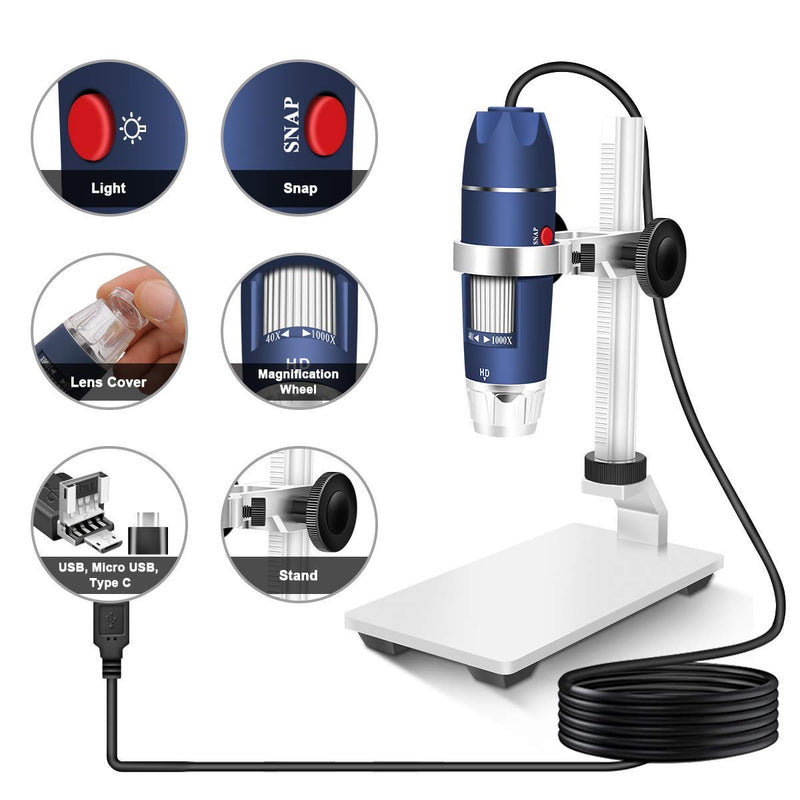 Jiusion HD 2MP USB Digital Microscope 40-1000X Portable Magnification Endoscope Camera with 8 LEDs Aluminum Alloy Stable Stand for OTG Android Mac Windows 7 8 10 11 Linux Chrome