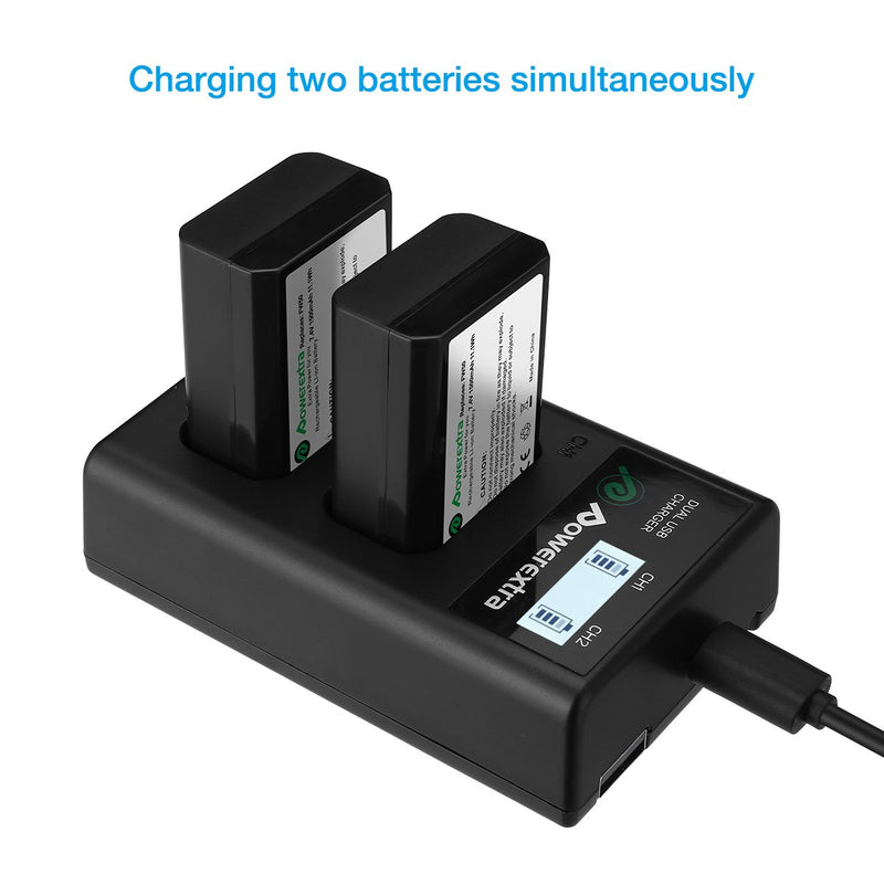 Powerextra 2 Pack Replacement Sony NP-FW50 Battery & Smart LCD Display Dual Channel Charger Compatible for Sony Alpha a6500, a6300, a6000, a7s, a7, a7s ii, a7s, a5100, a5000, a7r, a7 ii Camera