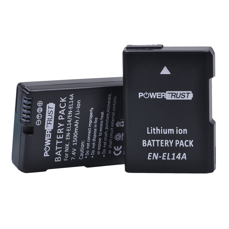 PowerTrust 2-Pack EN-EL14 EN-EL14A Fully Decoded Battery and LCD Dual USB Charger for Nikon D90, D300, D5500, D5300, D5200, D5100, D3400, D3300, D3200, D3100, DF DSLR, Coolpix P7700, P7000, P7800