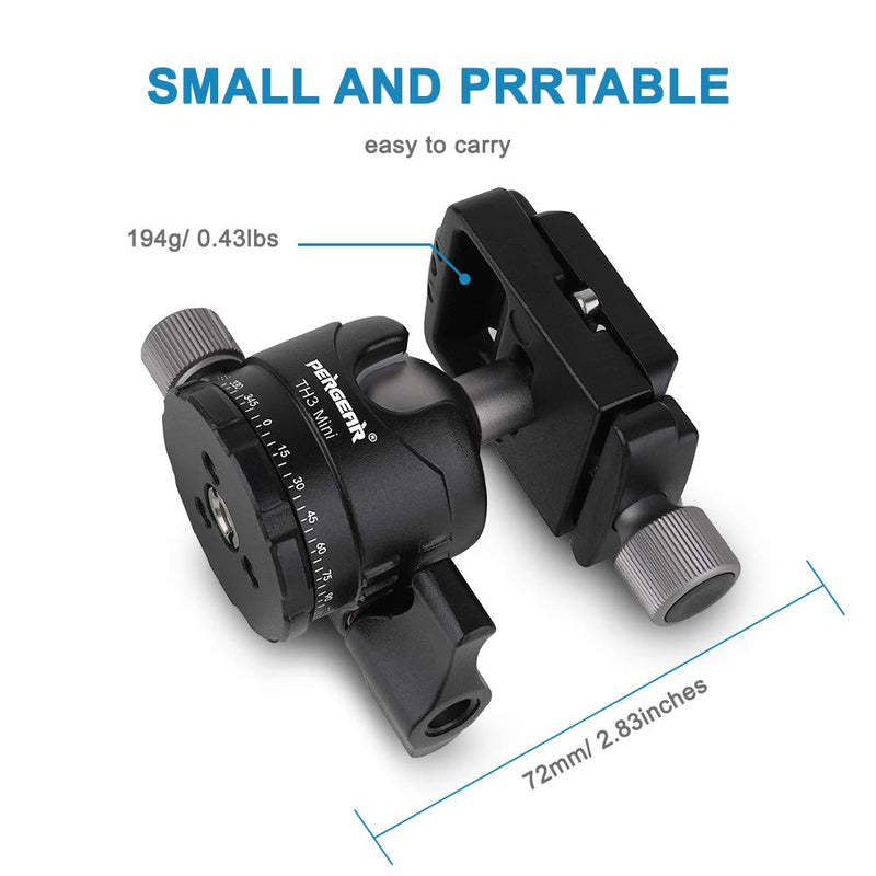 Pergear TH3 Mini DSLR Camera Tripod Ball Head, Aluminum Alloy Build Quality, 10kg/ 22 lbs Payload, Weight Only 194g/6.84oz, Free Rotation Ball Head