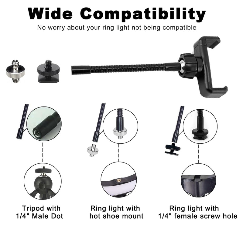 Phone Holder for Ring Light and Tripod Stand with 1/4" Female Thread Adapter, Flexible Gooseneck Phone Tripod Mount with Detachable Hot Shoe and 1/4" to 1/4" Male Threaded Converter Fits Most Devices