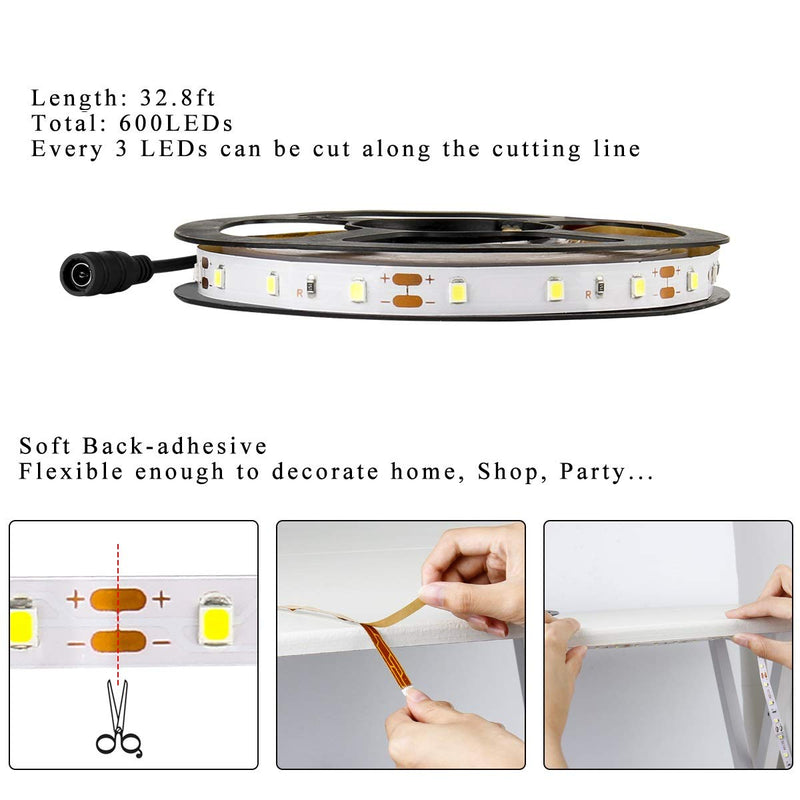 BINZET Warm White Led Strip Lights 600 LEDs SMD 2835 Tape Light Kit with UL Power Supply and Dimmer 32.8ft Dimmable Led Light Strip for Home Kitchen TV