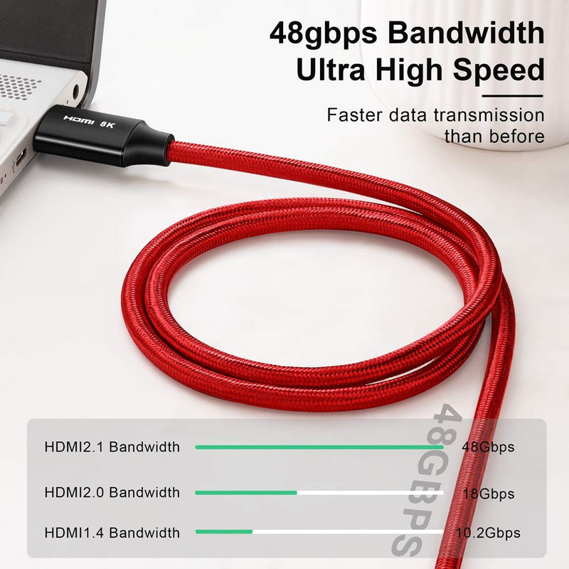 ANNNWZZD 8K HDMI Cable, HDMI 2.1 Cable High Speed 48Gbps 8K@60Hz (7680x4320) 4:4:4 HDR HDCP 2.2 e ARC PS4 Xbox (3ft, RED) 3ft