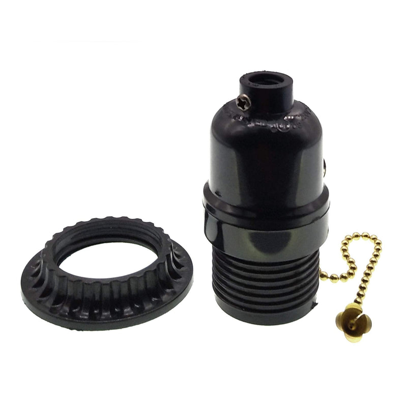 Phenolic Medium Base Light Socket with Pull Chain Switch,3 Pack TWDRTDD Black Period Style E26 E27 Edison Retro Pendant Lamp Holder (Full Uno Thread and Ring)