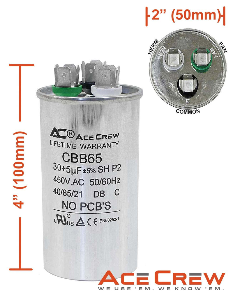 30 + 5 Dual Run Capacitor 440VAC UL 30/5 uf Premium Quality Capacitor for AC Motor Run or Fan Start or Condenser Straight