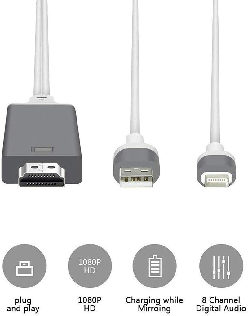 Compatible with iPad iPhone to HDMI Cable, Kinwal 6.6ft HDMI Adapter TV Cable, 1080P Digital AV Adapter HDTV Connector Cable Compatible with iPhone 11 Pro Xs MAX XR X 8 7 6 to TV Projector Monitor grey