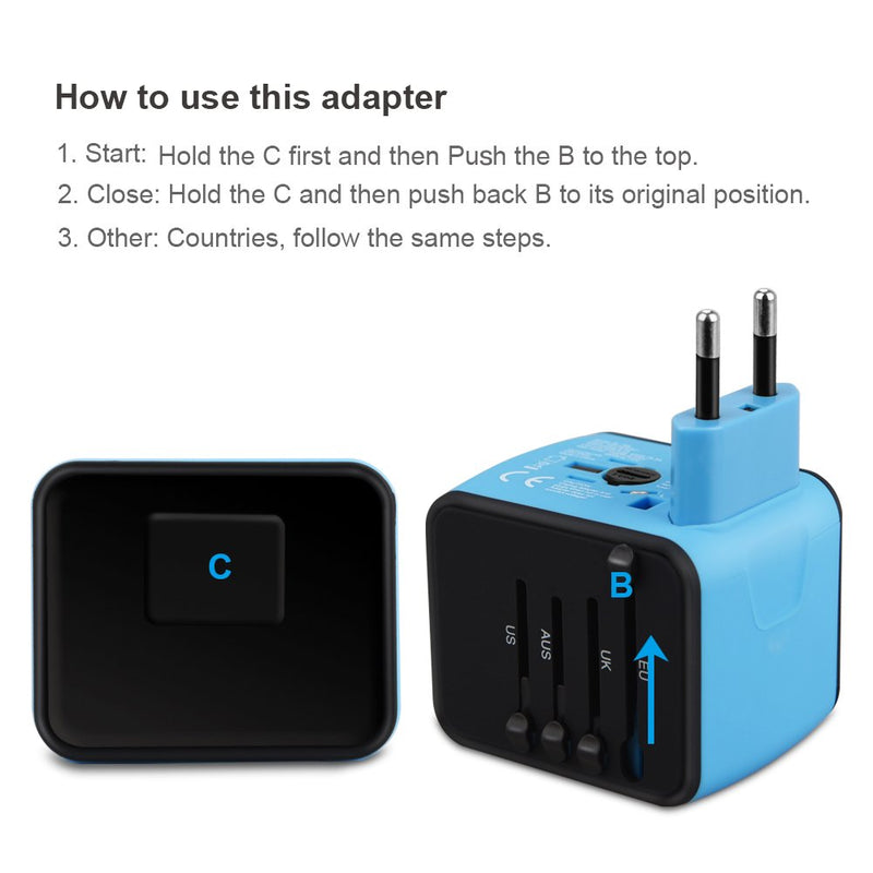 HAOZI Universal Travel Adapter, All-in-one International Power Adapter with 2.4A Dual USB, European Adapter Travel Power Adapter Wall Charger for UK, EU, AU, Asia Covers 150+Countries (Blue) Blue