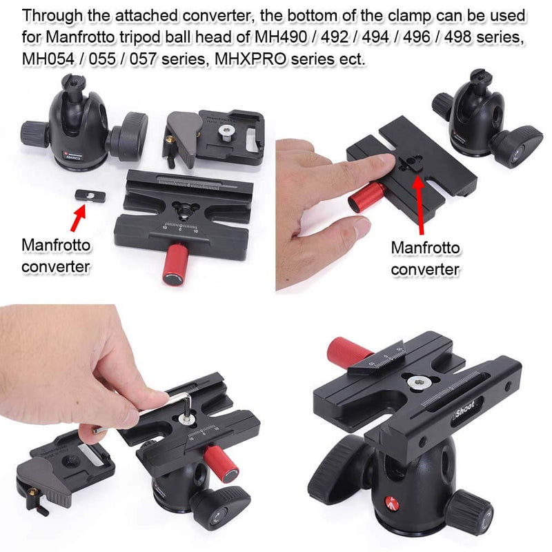 iShoot Adapter Clamp Compatible with Manfrotto Gitzo Quick Release Plate of Arca-Swiss Fit 200PL 410PL& ARCA Fit Tripod Head Gitzo GH 1780 2780 3780 Manfrotto MH 490 492 494 496 498 054 055 057 MHXPRO