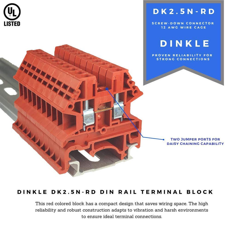 Dinkle Red DK2.5N-RD DIN Rail Terminal Block Screw Type UL 600V 20A 12-22AWG, Pack of 50