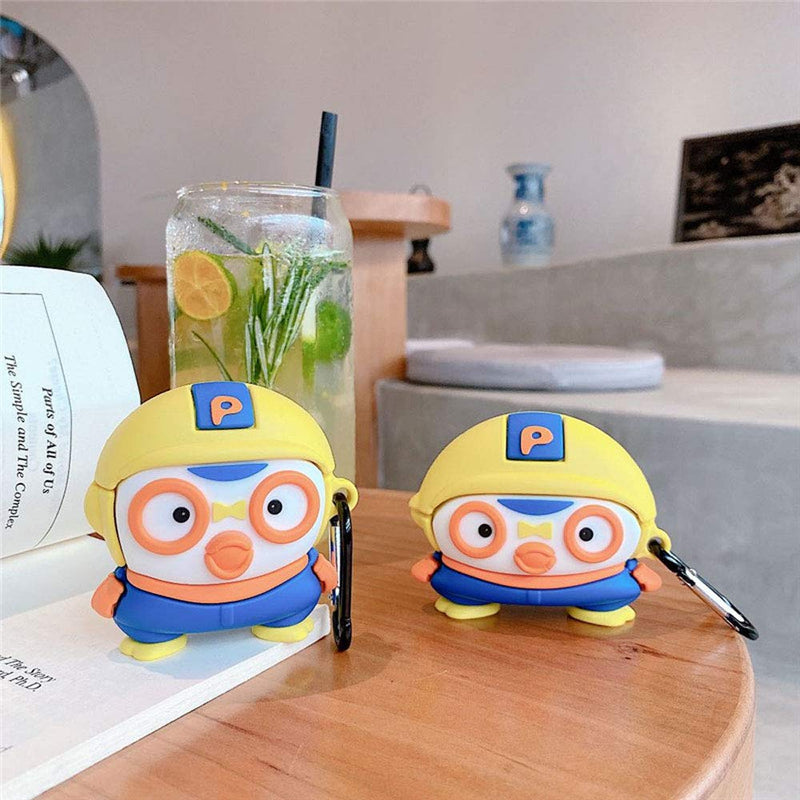 TOUBN Wireless Charging Earphone Case, 3D Cute Cartoon Glasses Penguin Airpods Skin, Soft Silicone Shockproof Waterproof Cover Compatible with Airpods 1/2, Creative Airpods Protector With Keychain Airpods 1, 2 Yellow Glasses Peiguin