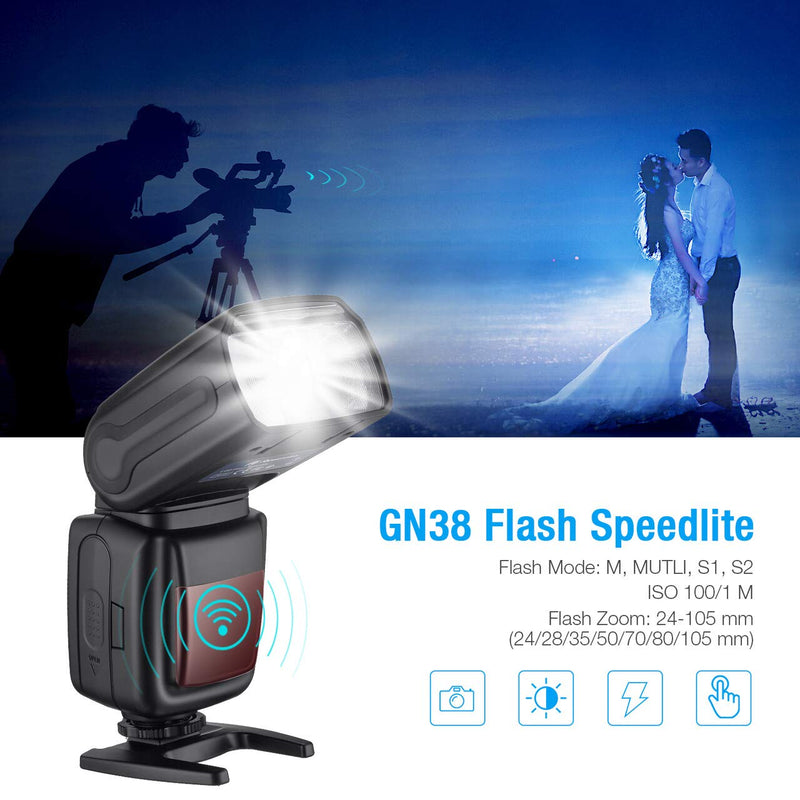 Powerextra Flash Speedlite with LCD Display, GN38 Off-Camera Zoom Flash for CA Nikon Pentax Panasonic Olympus and Sony DSLR Camera, Digital Cameras with Standard Hot Shoe