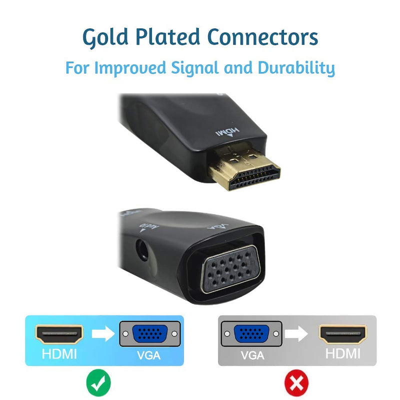 DT&C - HDMI to VGA Adapter + 1.5Ft 3.5mm Cable | HDMI to VGA Up to 1080P / 1200P Full HD @ 60Hz with Gold Plated Connectors | Black