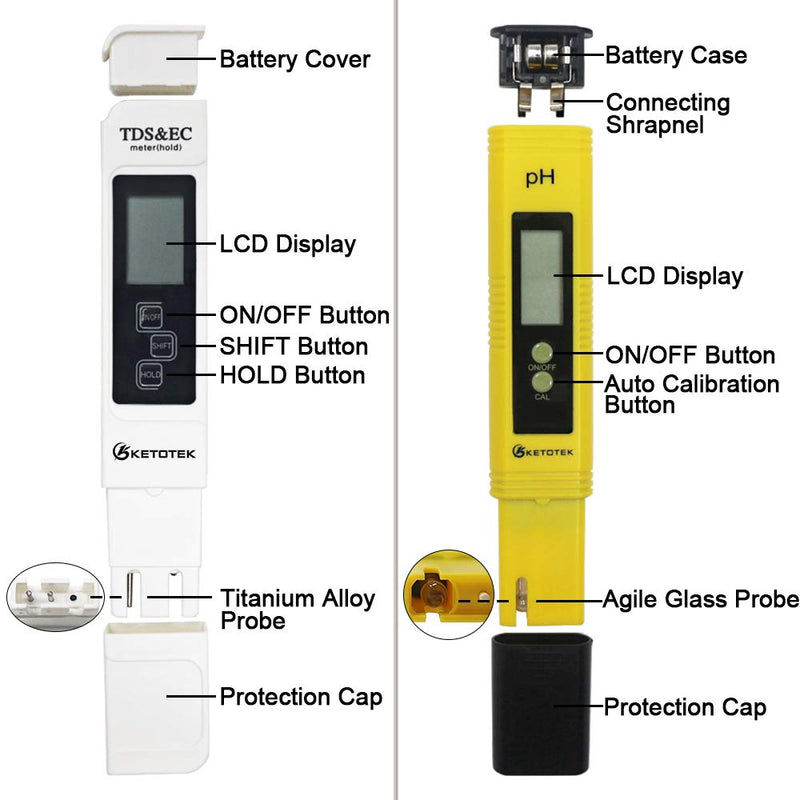 KETOTEK Digital Water TDS Meter PH Meter, PPM Tester has TDS-EC-Temp (3-in-1) and ±2% Accuracy, PH Tester with 0-14.00PH and 0.01 Accuracy, TDS PH Meters for Aquariums Water, Hydroponics, RO System PH+TDS&EC